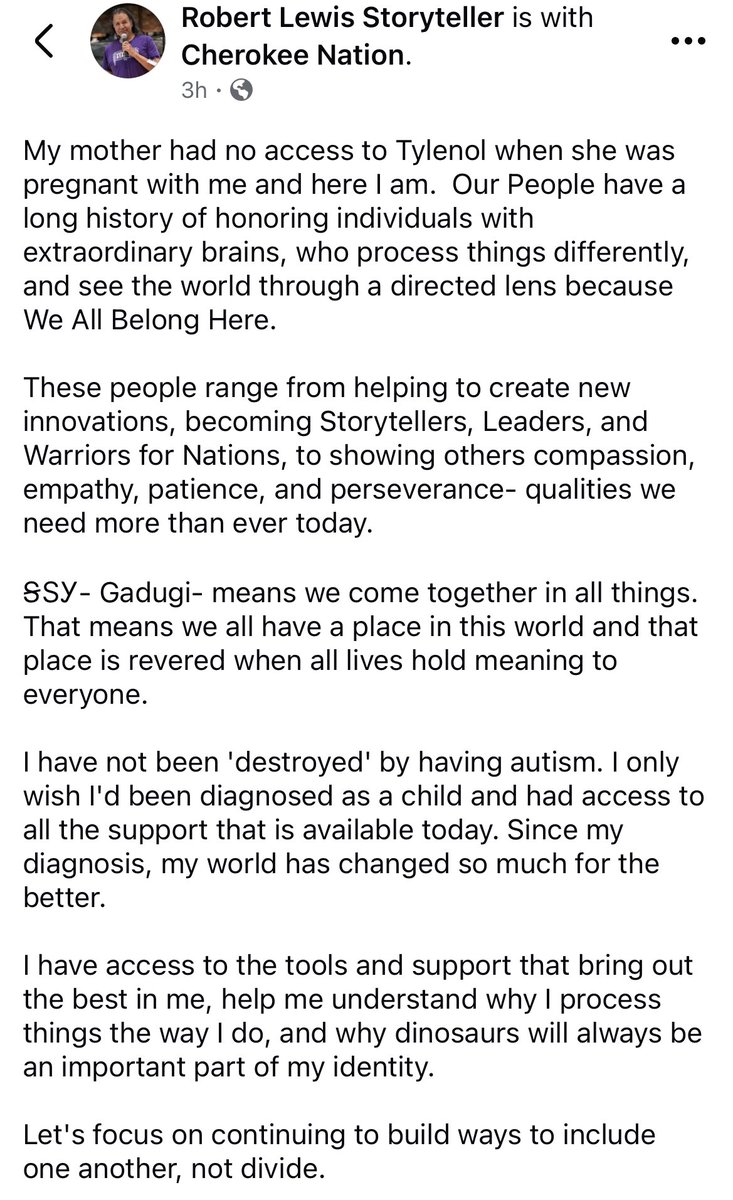 girlnameddi's tweet image. Beloved Cherokee Storyteller Robert Lewis had these wise words to say in response to the claim that Tylenol causes autism.