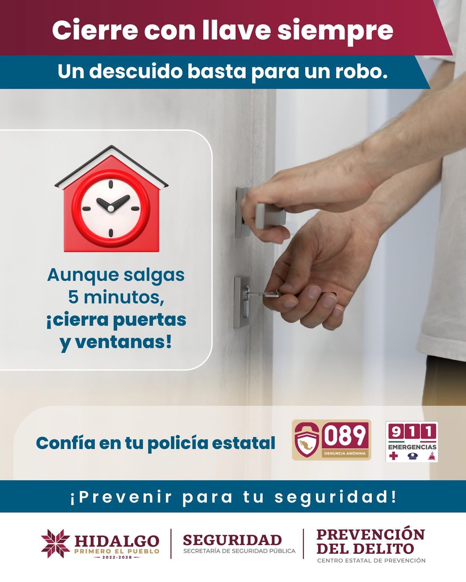 SSP_Hidalgo's tweet image. 🚨 El robo no avisa, pero tú puedes anticiparte. 

🔒 Empieza con acciones simples: cierra, revisa, reporta.

Ante cualquier sospecha marca al 911 de Emergencias o 089 de Denuncia Anónima.☎

#PrevenirParaTuSeguridad
