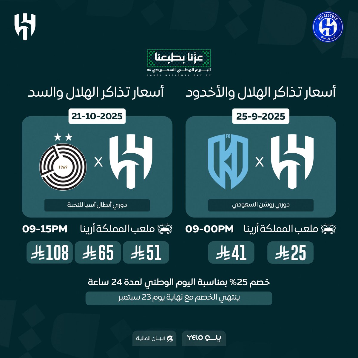 🚨 أسعار تذاكر الهلال والأخدود بعد الخصم

— 25 ريال 💵 

— 41 ريال 💵 

🚨 أسعار تذاكر الهلال والسد

— 51 ريال 💵 

— 65 ريال 💵 

— 108 ريال 💵 

خصم 25% بمناسبة اليوم الوطني لمدة 24 ساعة 🇸🇦💙

ينتهي الخصم مع نهاية اليوم 23 سبتمبر