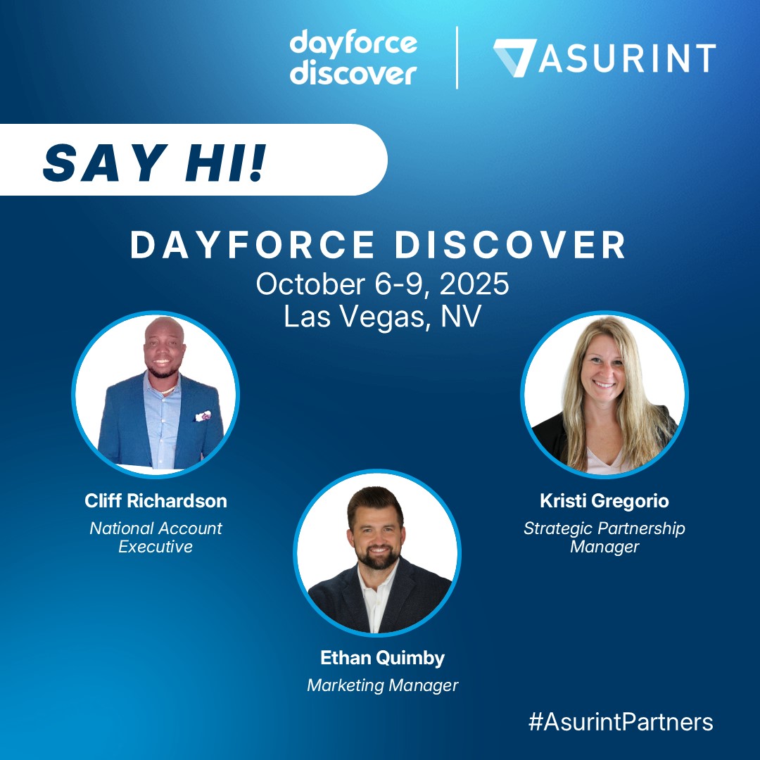 Back to Vegas we go! 🎰

Kristi, Cliff, and Ethan are two weeks away from representing Asurint at Dayforce Discover in Las Vegas.

Stop by booth 305 to say hi to our team, grab some new Asurint branded swag, and learn about our integration with Dayforce! 💪

#DayforceDiscover25