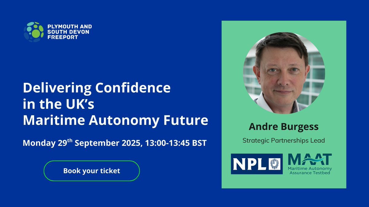 Join the first online webinar in our autumn series

🗓 Mon 29 Sept | 1–1:45pm BST
Andre Burgess (NPL) explores Plymouth’s Maritime Autonomy Assurance Testbed (MAAT) &amp; how it boosts safety, security &amp; performance of autonomous ships.

Get a ticket: events.teams.microsoft.com/event/73a20d01…

#PASDF