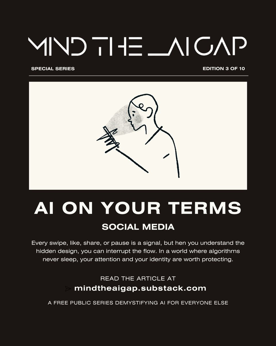WallisMills's tweet image. Your feed is so much more than a vibe.
In Part 3 of AI On Your Terms, we explore how AI influences what you see, how you&apos;re perceived, and what you believe is your choice.

Read the post complete with a toolkit: tinyurl.com/MINDTHEAIGAPSE… 

#AIOnYourTerms #AIExplained #SocialMediaAI