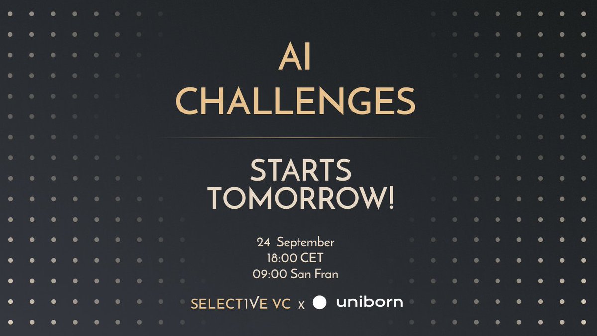 SelectiveVC's tweet image. AI Challenges starts tomorrow!
On September 24, we'll gather for AI Challenges—an online conference where we'll discuss the most pressing issues shaping the AI-powered economy.
Register now👉selectivevc.com/ai-challenges
#AIChallenges #SelectiveVC #FutureOfAI #VentureCapital
