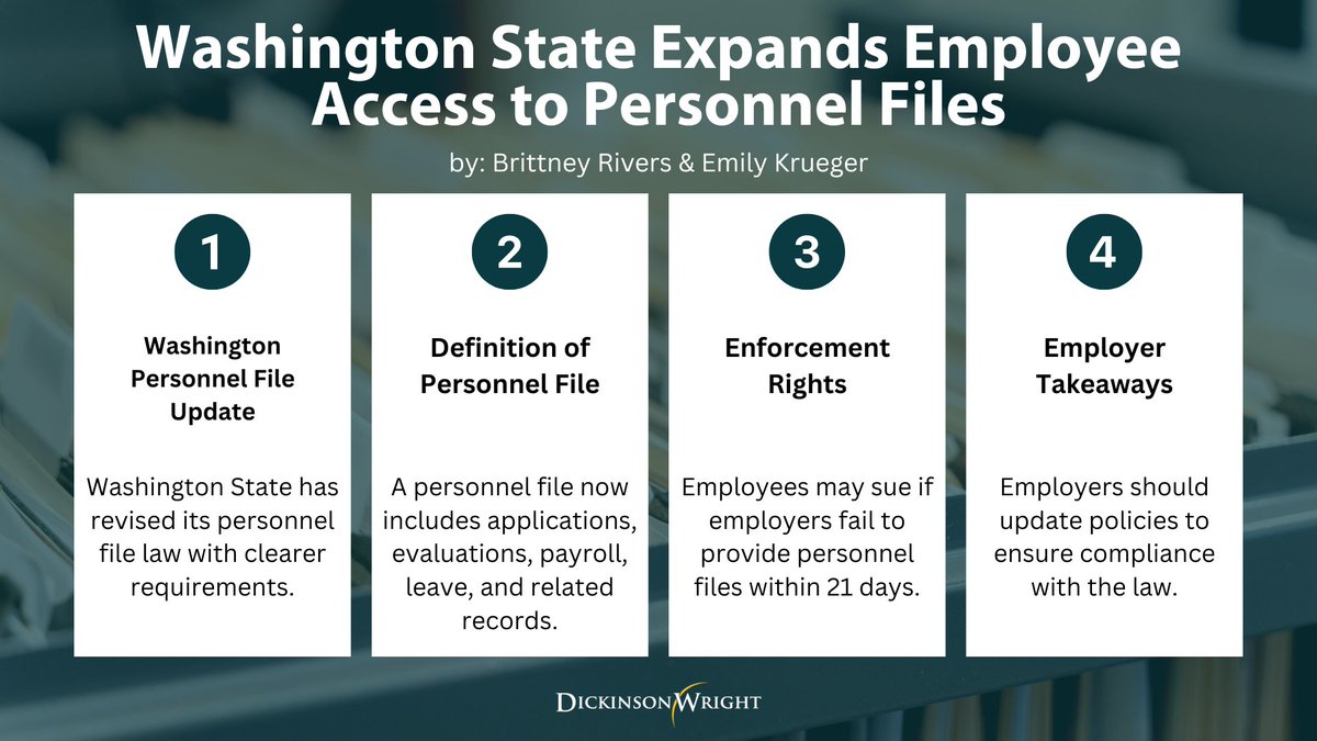 Check out Emily Krueger and Brittney Rivers' client alert, “Washington State Expands Employee Access to Personnel Files,” discussing key changes regarding the employee personnel file statutes in Washington State. To read more, click here: bitly.cx/lXUqn #emplaw