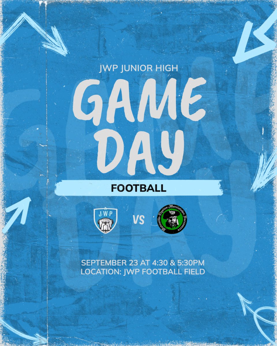 🏈 JUNIOR HIGH FOOTBALL GAMEDAY 🏈  

JWP vs. WEM
📍 JWP Football Field
⏰ Kickoff: 4:30 &amp; 5:30pm