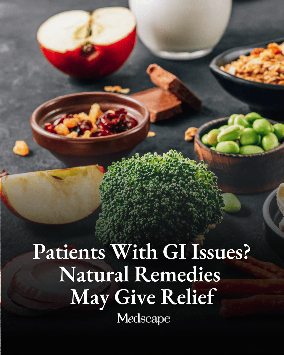 Medscape's tweet photo. Nearly two-thirds of Americans experience GI symptoms like heartburn, abdominal pain, bloating, constipation, or diarrhea—and many are turning to natural remedies over medications. From low-FODMAP diets and kiwifruit to aloe vera, ginger, and peppermint oil, clinicians report that dietary and lifestyle changes often offer meaningful relief for common GI complaints. https://t.co/SNnfG6CoWi