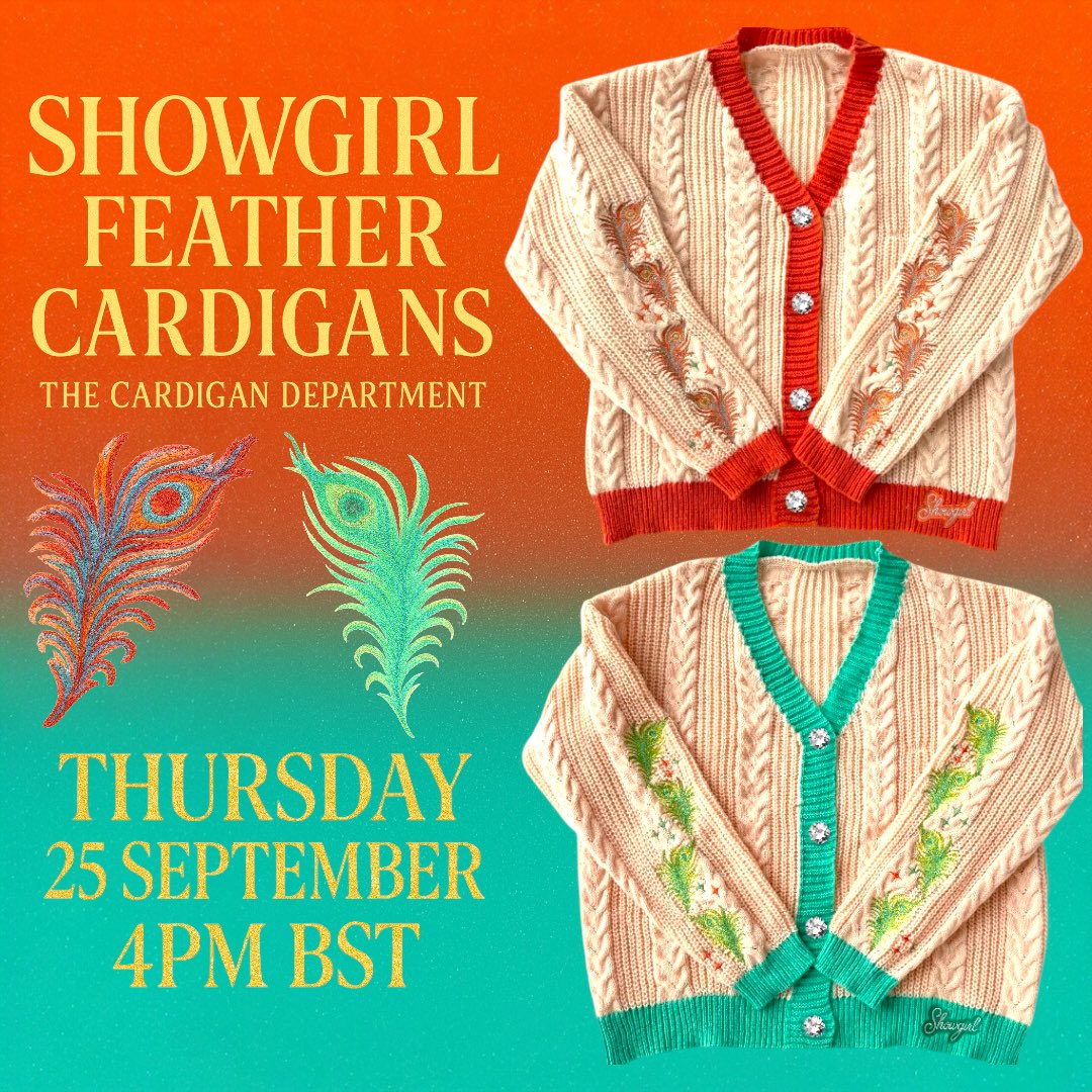 TCD_INT's tweet image. Introducing the Showgirl Feather Cardigans ✨ Available for pre-order this Thursday, 25th Sept at 4PM BST! Inspired by the glamour of showgirl peacock feathers, crafted with metallic thread for a subtle shine. Cozy, a little glam, and perfect for when even a showgirl gets cold ❄️