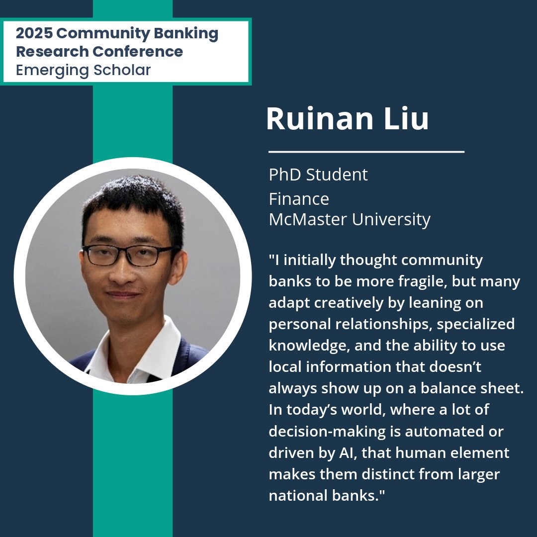 CSBSNews's tweet image. We asked the 2025 @CBResearchConf Emerging Scholars to share their thoughts about community banking.

Read more about the scholars and their perspective on the world of community banking:
csbs.org/meet-2025-comm…

@BerkeleyHaas
@universityofga
@McMasterU