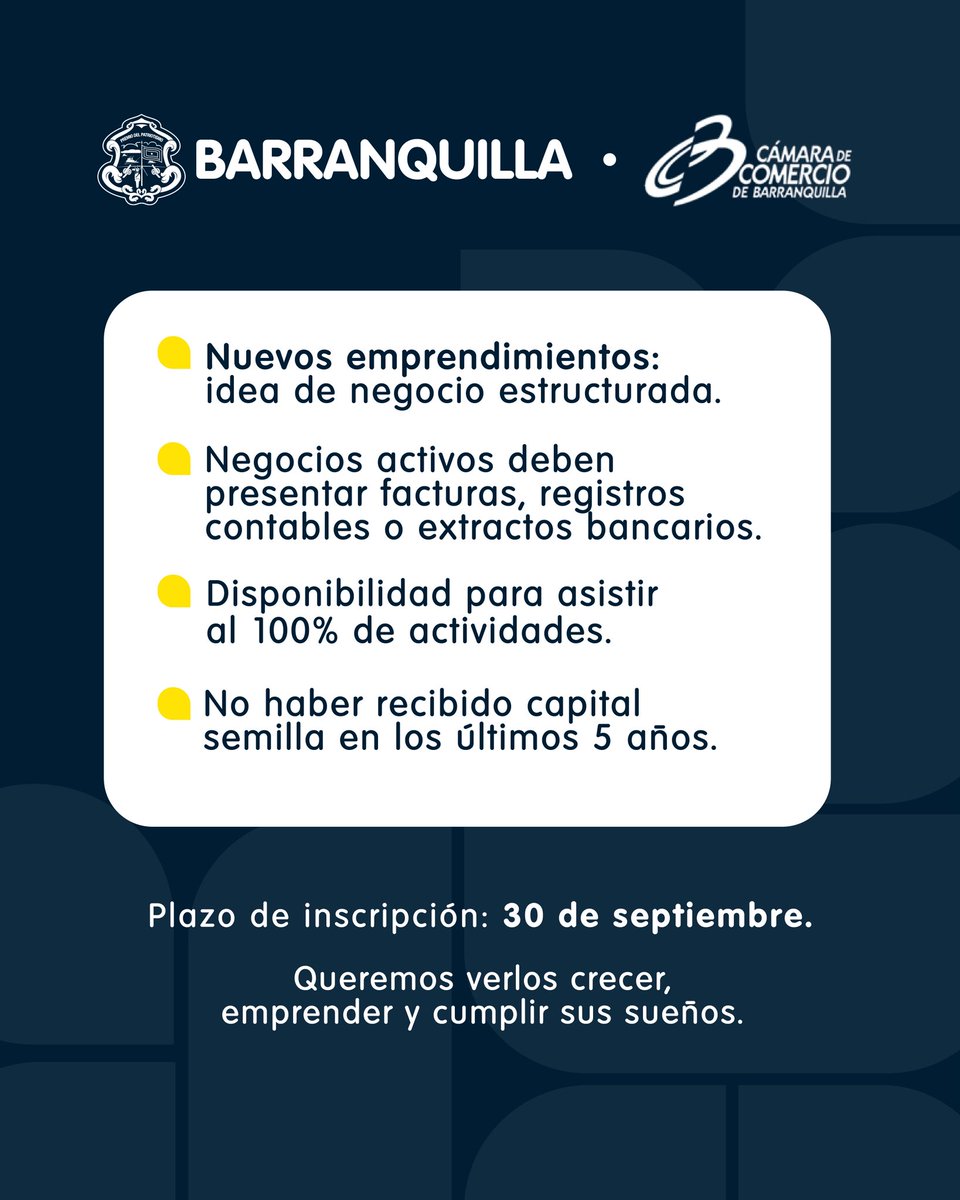 🌱✨ Barranquillero, todavía estás a tiempo de sembrar tus sueños con Plan Semilla de <a href="/alcaldiabquilla/">Alcaldía de Barranquilla</a> 

Si tienes entre 17 y 34 años, vives en Barranquilla, tienes una idea de negocio estructurada o ya un emprendimiento en marcha, esta es tu oportunidad: 300 emprendimientos