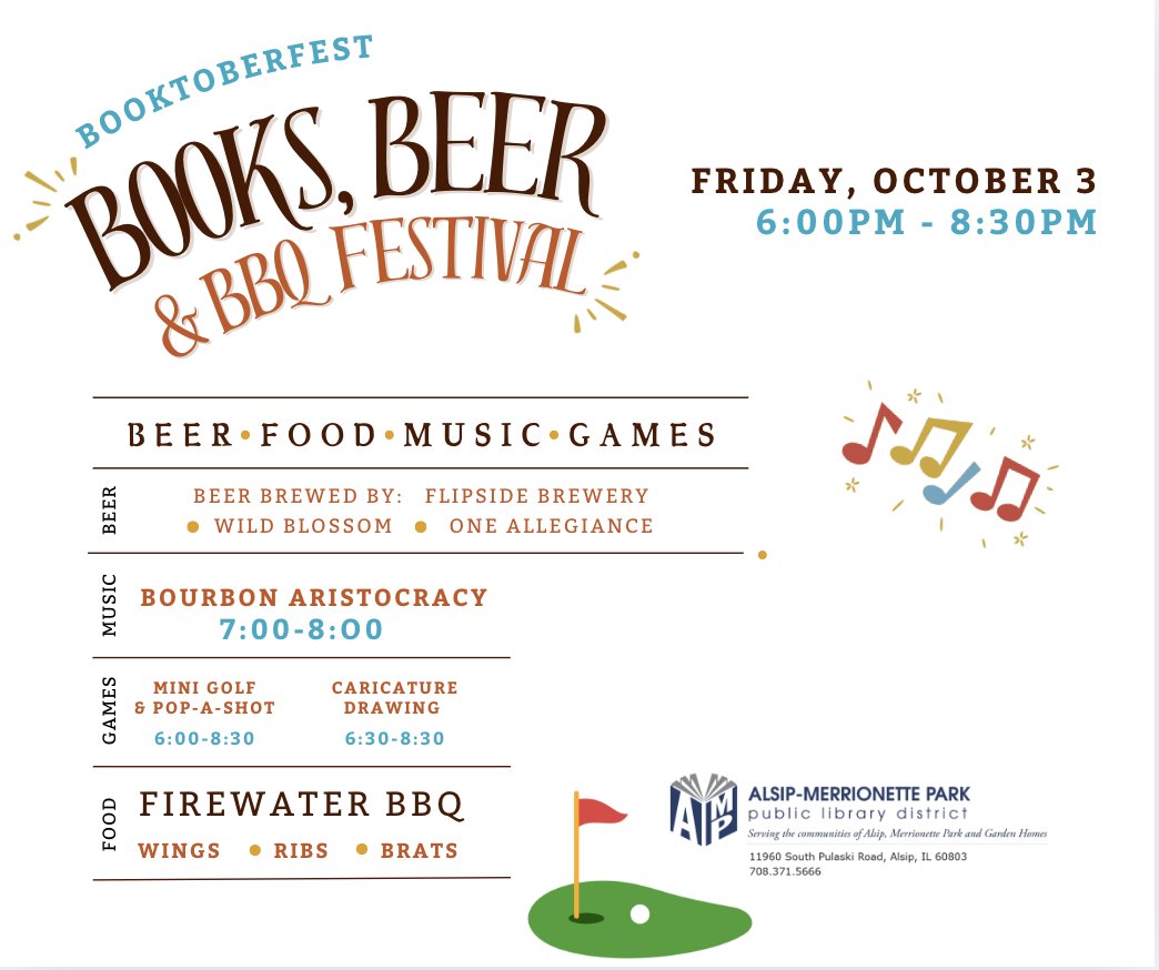 AlsipMP_Library's tweet image. Friday Night Special: Booktoberfest
Friday, October 3, from 6 to 8:30 pm
Registration strongly encouraged, but does not guarantee participation in every activity. Activity availability may be limited. Must be 21+.
alsipmerrionette.librarycalendar.com/event/friday-n…