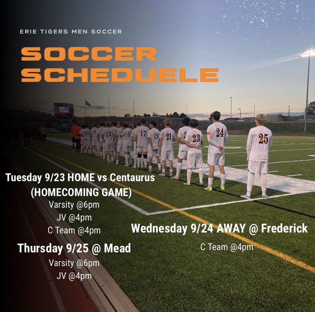 It’s Homecoming week! Come support our Tigers on the field!! #GoTigers
<a href="/ErieHSAthletics/">Erie HS Athletics</a> <a href="/TigersPrincipal/">Josh Griffin</a> 
<a href="/goSVVSD/">Chase McBride</a>
