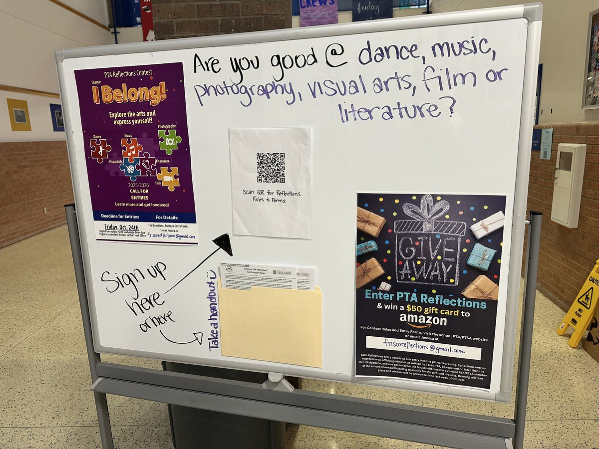 You have a talent in dance, music, photography, visual arts, film or literature? The PTSA Reflections program in Frisco ISD is an arts initiative that lets students express themselves creatively, earn recognition, and advance to higher competition levels.  Info in the main hall!