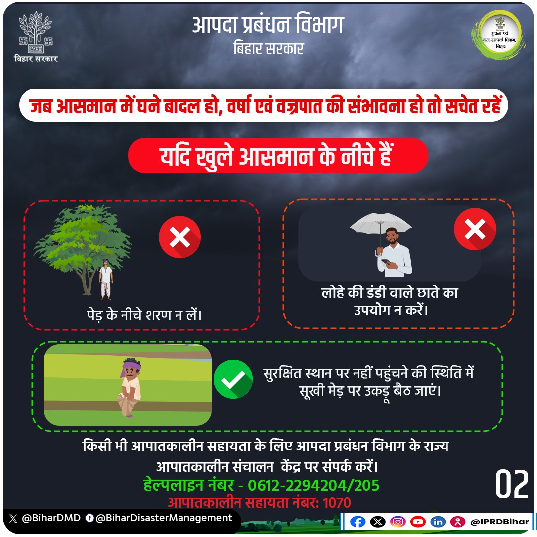 क्या आपने वज्रपात से सुरक्षा हेतु आपदा प्रबंधन विभाग की इन चेतावनियों और सुझावों को पढ़ा?

पढ़िए और दूसरों को भी पढ़ाकर, बताकर उनकी सुरक्षा सुनिश्चित कीजिए.

आपदा प्रबंधन विभाग द्वारा जनहित में जारी.

किसी भी आपातकालीन सहायता के लिए आपदा प्रबंधन विभाग के राज्य आपातकालीन संचालन