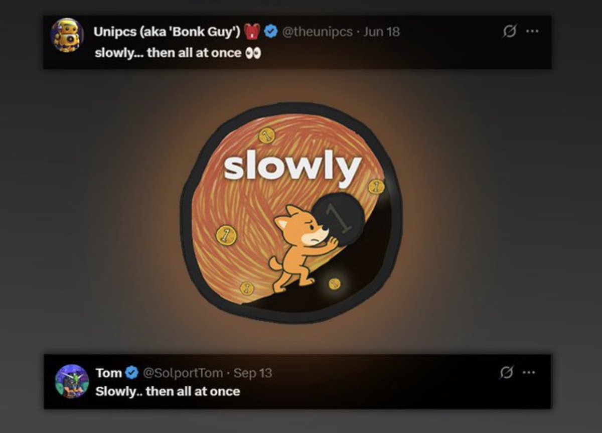$Slowly... Then all at once. 

Bonk eco sitting on a huge runner.

BQx6E4cdm4V8dCBF7KNRuwyRmX7P94rgez54rFxcbonk 

dexscreener.com/solana/4gk2ubw…

x.com/i/communities/…

<a href="/SolportTom/">Tom</a> <a href="/theunipcs/">Unipcs (aka 'Bonk Guy') 🎒</a>