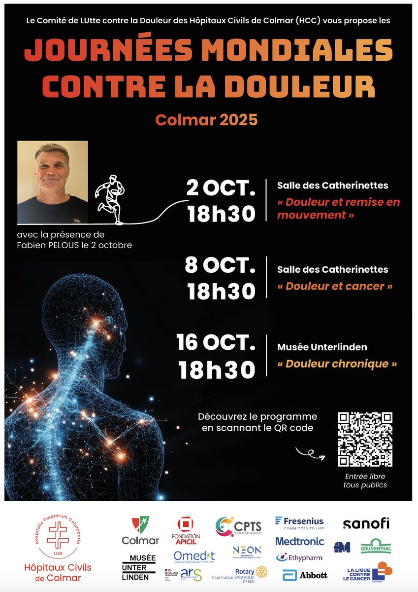 Action soutenue par le CCAS de la Ville de Colmar, le Comité de Lutte contre la douleur des Hôpitaux Civils de Colmar organise 3 soirées de conférences ouvertes à tous sur la douleur et ses différents modes de prise en charge.
Entrée libre ch-colmar.fr