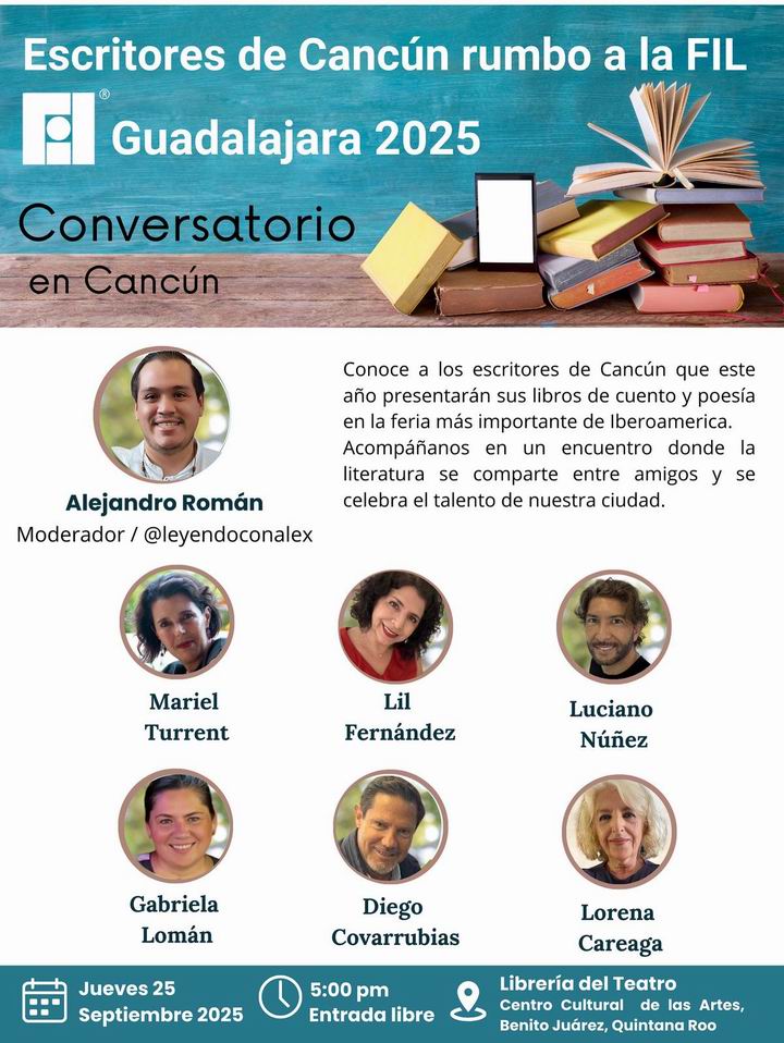 📚 Conservatorio con escritores de Cancún

Ven a escuchar a los escritores de Cancún que se presentarán en la FIL Guadalajara 2025.

Entérate de primera mano los detalles de su participación, de su viaje y de los libros de cuento y poesía que presentarán.

Modera: el booktoker