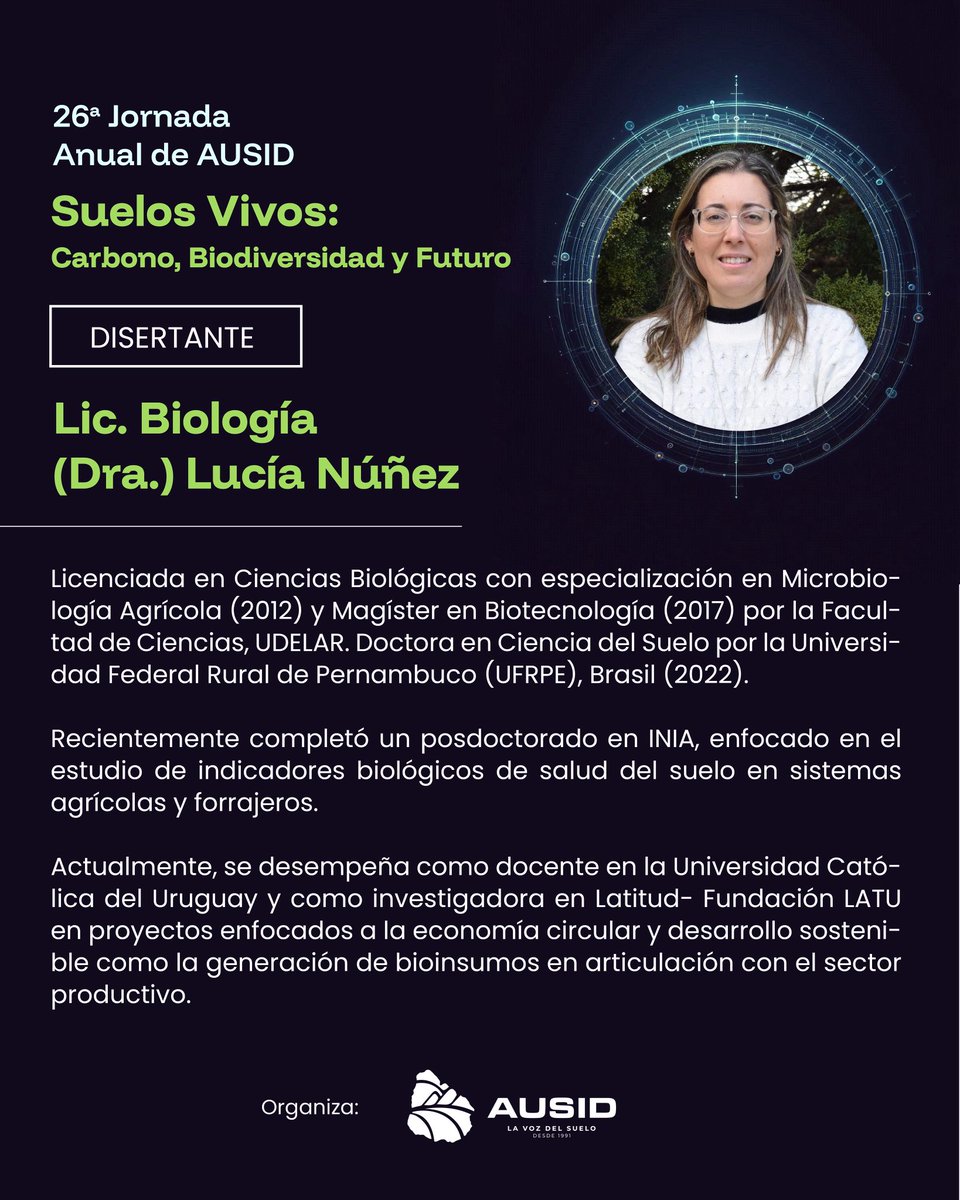 🗯️Compartimos el perfil de la Lic. Biología (Dra.) Lucía Núñez UCU -Latitud (LATU), quien estará exponiendo sobre “𝗣𝗼𝘁𝗲𝗻𝗰𝗶𝗮𝗹 𝗱𝗲 𝗹𝗮𝘀 𝗲𝗻𝘇𝗶𝗺𝗮𝘀 𝗰𝗼𝗺𝗼 𝗯𝗶𝗼𝗶𝗻𝗱𝗶𝗰𝗮𝗱𝗼𝗿𝗲𝘀 𝗱𝗲 𝗹𝗮 𝘀𝗮𝗹𝘂𝗱 𝗱𝗲𝗹 𝘀𝘂𝗲𝗹𝗼”
(👇)