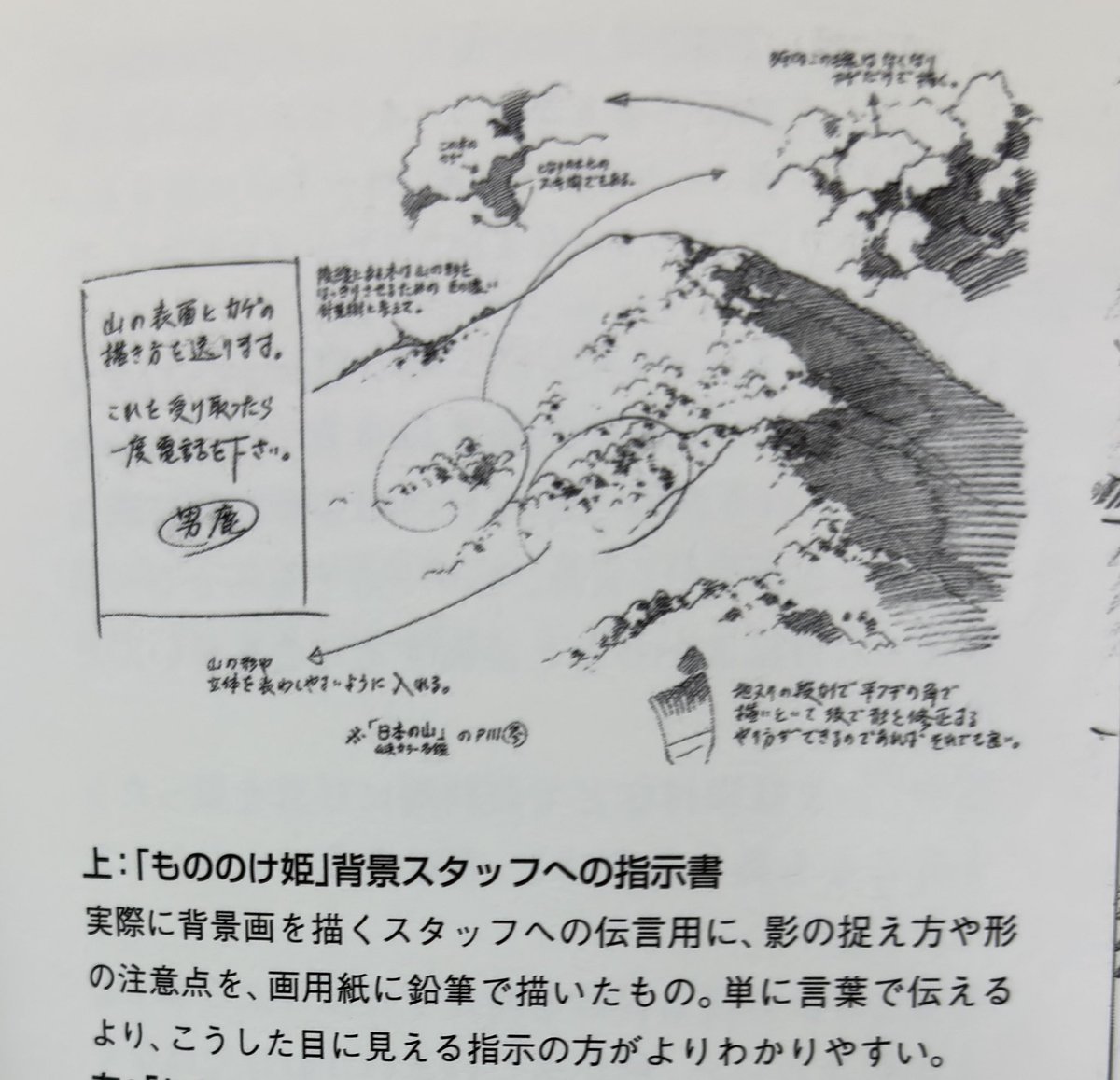 男鹿さんの画集にもののけ姫の時の山の描き方の指示書が載ってる。稜線には形をはっきり見せる為に濃い色の針葉樹を描くようにとか、影で見せる木々の描き方の解説がある。何故そこにその色の木が生えているのか理解して描くとだいぶ違う。できれば男鹿さんの指示書を本にして欲しい。だ、だれか・・