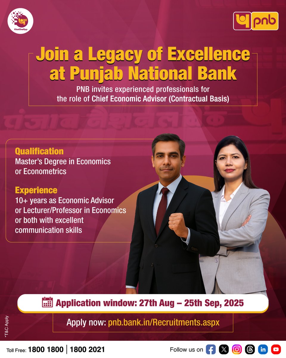Be a part of a generational bank’s illustrious growth journey.
Apply now for the role of Chief Economic Advisor at pnb.bank.in/Recruitments.a…

#PNB #PNBRecruitment #LeadershipOpportunity #ApplyNow #Banking