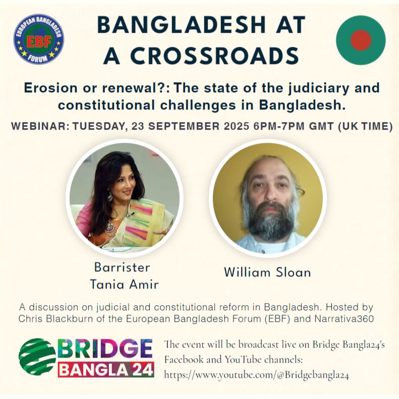 European Bangladesh Forum is hosting an event on judicial and constitutional reforms in Bangladesh, scheduled for 6PM (GMT/BST) this evening.

A link to the live stream can be found on Bridge Bangla 24's Facebook page:

facebook.com/story.php?stor…