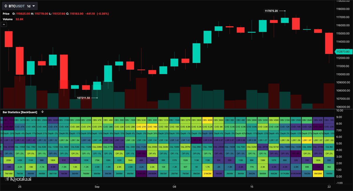backquant's tweet image. New post on @kiyotaka_ai Bar Statistics Pro. Free &amp;amp; open-source. This is paid most platforms.

What is it? A per-bar heatmap of market flows. It shows Volume, Volume Delta, Liquidations, CVD, OBV, Orderflow Imbalance, Open Interest Delta, Long-Short Ratio, Orderbook Depth…