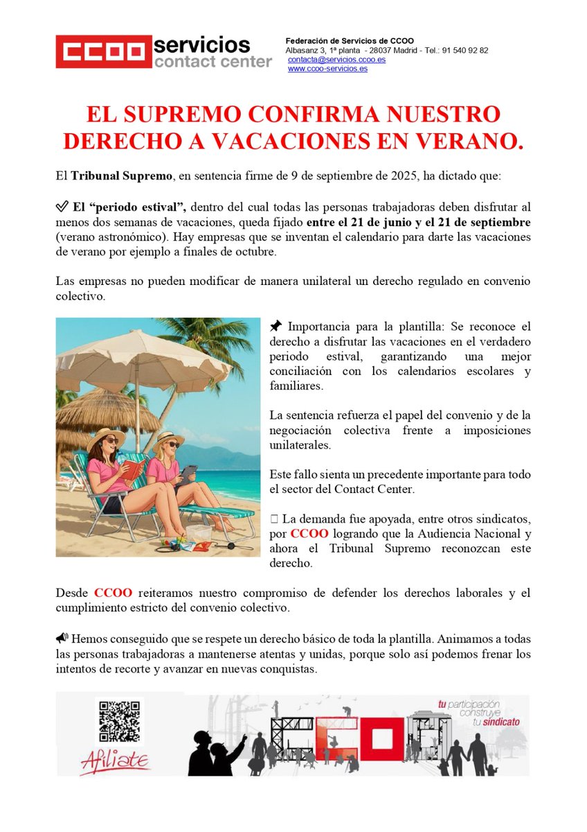 El Tribunal Supremo confirma nuestro derecho a #vacaciones en verano (entre el 21/06 y el 21/09).

Las empresas no podrán obviar lo regulado en convenio y modificar unilateralmente el período de disfrute de vacaciones ⛱️

#derechoslaborales #tribunalsupremo #ccoo #contactcenter