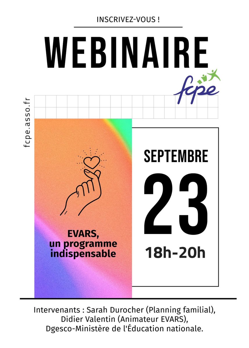 La FCPE nationale oganise un webinaire « EVARS : un programme indispensable » qui se tiendra ce mardi 23 septembre 2025 de 18h à 20h.

Ce webinaire est ouvert à toutes et tous. N’hésitez pas à diffuser très largement cette invitation.

Pour vous inscrire : forms.office.com/Pages/Response…