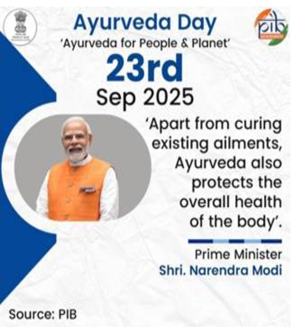 From this year, We will observe every year 23rd September as  Ayurveda Day: Ayurveda teaches us science of life and science of living. Theme of 2025 is "Ayurveda for People and Planet"