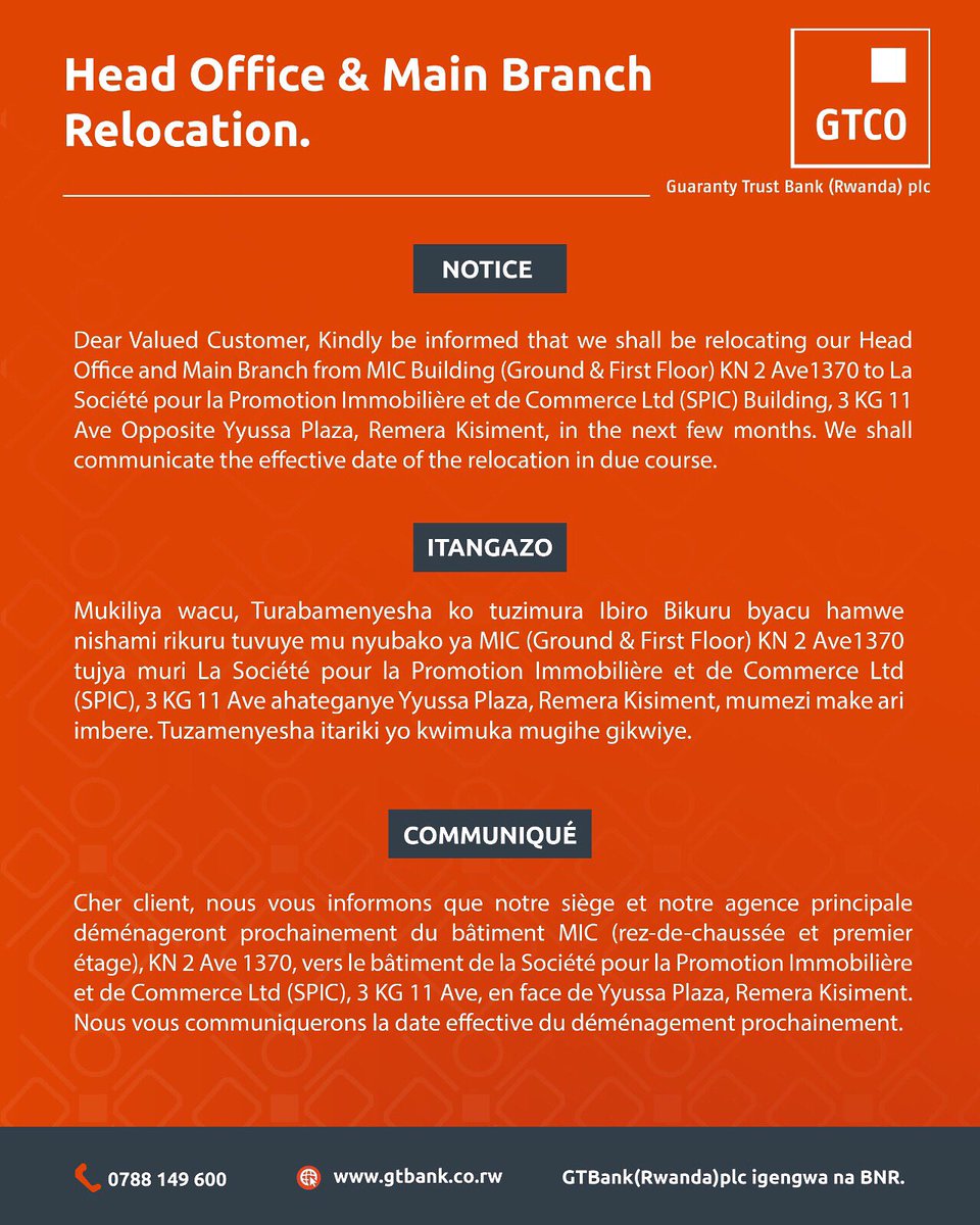 GTBankRW's tweet photo. COMMUNIQUÉ/ITANGAZO/PUBLIC NOTICE https://t.co/nFNPbRITRw