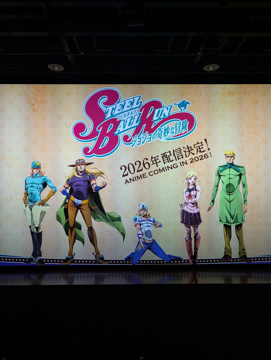 sascha348's tweet photo. #ジョジョの奇妙な冒険 第7章となる
#スティールボールラン 新発表会見の司会を担当させていただきました！
2026年に @netflix @netflixjp で配信が決まった今作。シリーズ最高傑作とも言われる作品がついにアニメ化なので今から楽しみです！5人のキャストも発表されましたが、どなたもキャラクターにピッタリの納得のキャスト！どのように躍動するのか？早く見たい！ #jojo_anime @Shogo_J23 @azakami_youhei @ish_kaito @taka8rie @miyake_ktrm