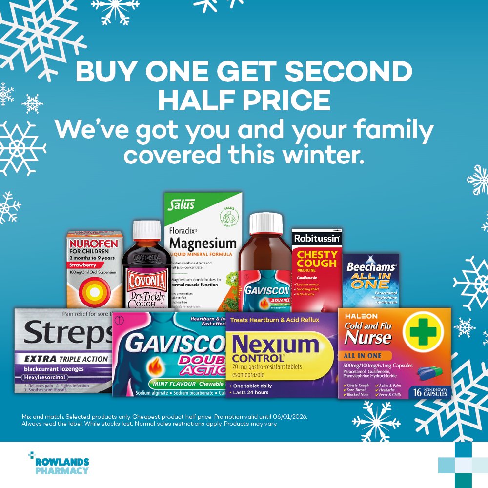 RowlandsTweets's tweet image. We’ve got you and your family covered with our amazing BUY ONE GET SECOND HALF PRICE deal! From cough &amp;amp; cold relief to heartburn remedies and skin care essentials, mix &amp;amp; match on over 100 products! Stock up today #Pharmacy #WinterEssentials #Cough #Cold