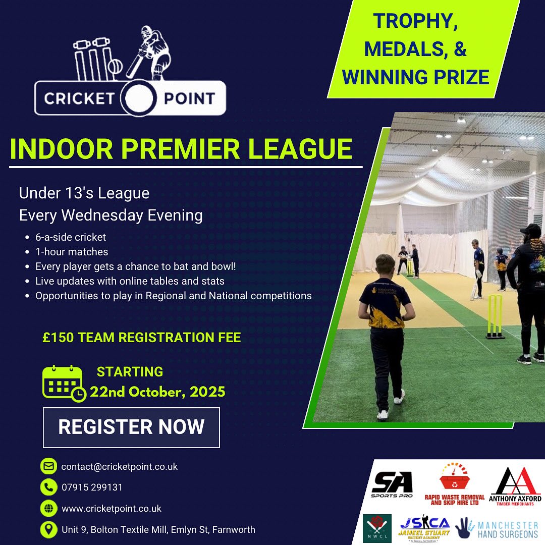 CricketPoint0's tweet photo. 🏏 Indoor Premier League U13’s starts 22nd Oct 2025 at Cricket Point!
⚡ 6-a-side | 1-hour matches | Trophies &amp; prizes
💷 £150 team registration

Spots filling fast – Email us to register: contact@cricketpoint.co.uk

#IndoorCricket #JuniorLeague #Bolton https://t.co/lw6grSBRiQ
