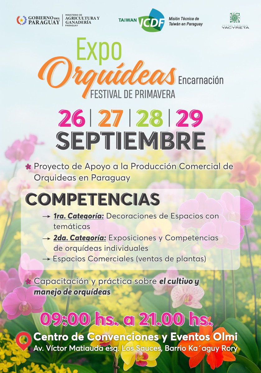 ¿Te gustan las orquídeas? 🌸✨
Este año, la Expo Orquídeas se realizará en Encarnación, del 26 al 29 de septiembre. ¡Vení a vivir la magia de la primavera con nosotros! ☀️🌼🌿🌺