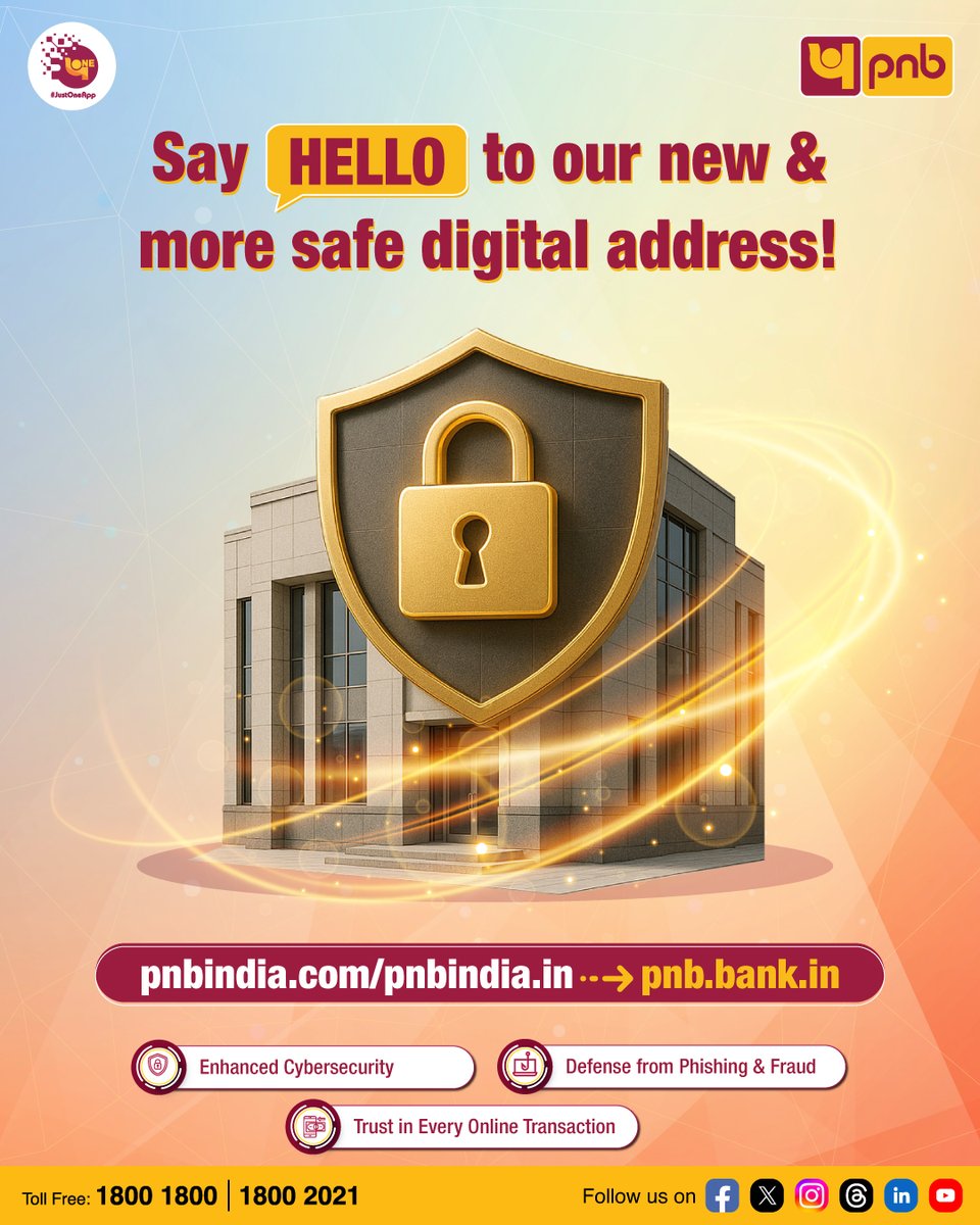Your trusted bank, now on a more secure digital address.
Explore our services at pnb.bank.in

#PNB #Banking #NewDomain #BankingWithTrust #CyberSecurity
