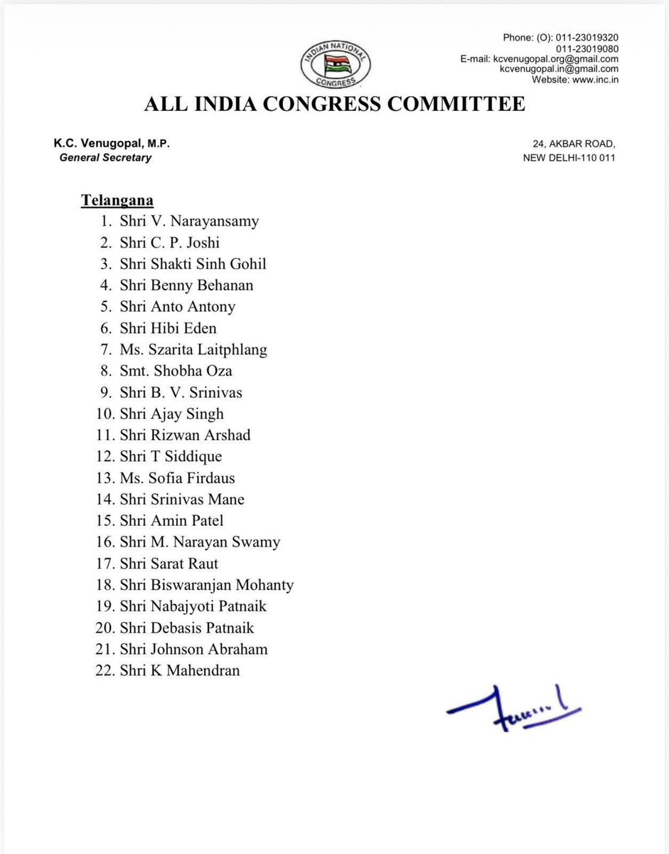 Hon'ble Congress President has approved the proposal for the appointment of AICC Observers, as enclosed, as part of the Sangathan Srijan Abhiyan for the following States, for the selection of DCC Presidents, with immediate effect.