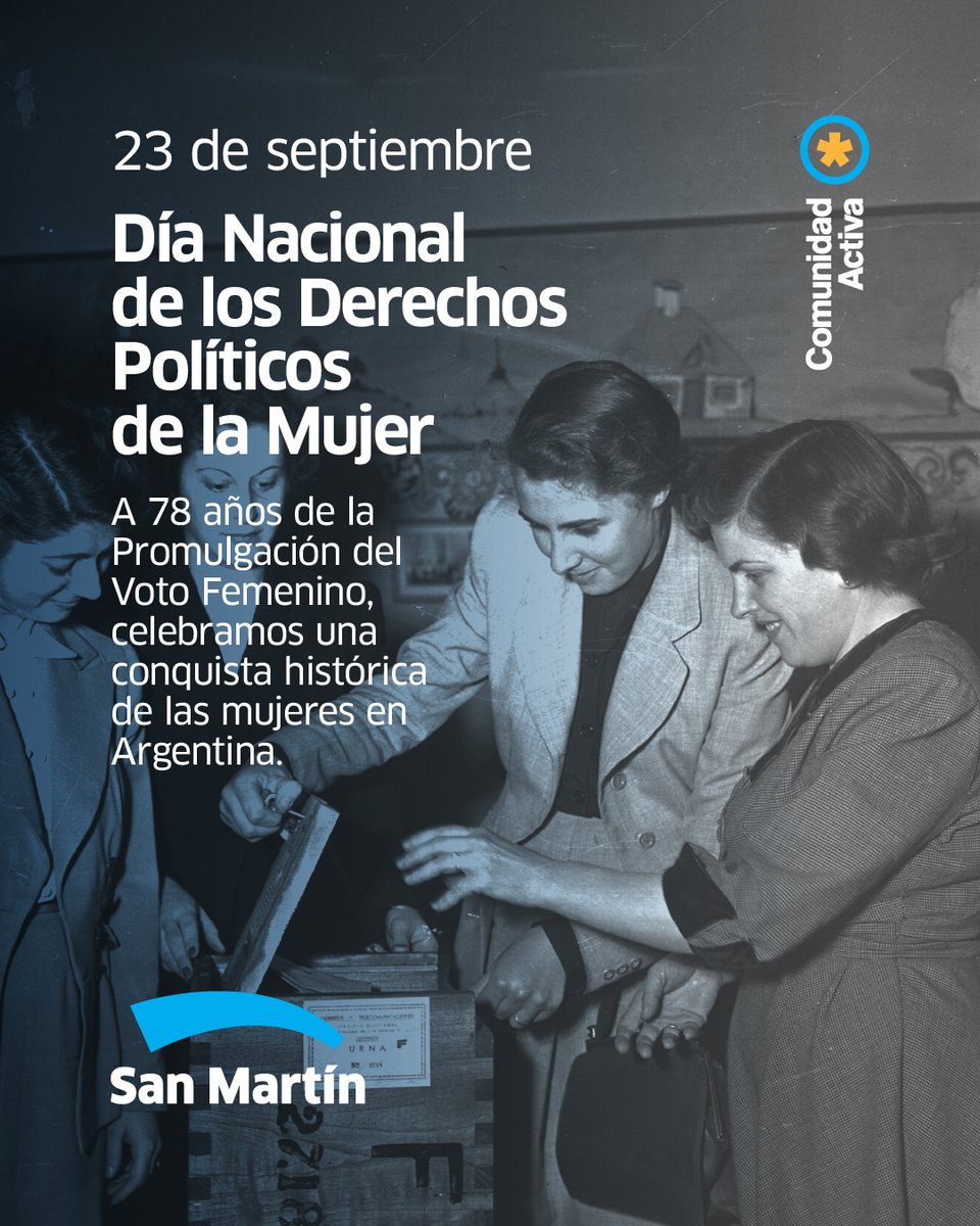 En San Martín promovemos y defendemos los derechos de las mujeres, que tienen una larga historia de conquistas.

Como la ley del voto femenino, que hoy cumple 78 años y nos vuelve a recordar la figura de Evita, abanderada de esa gran lucha.

Sigamos avanzando por ese camino,