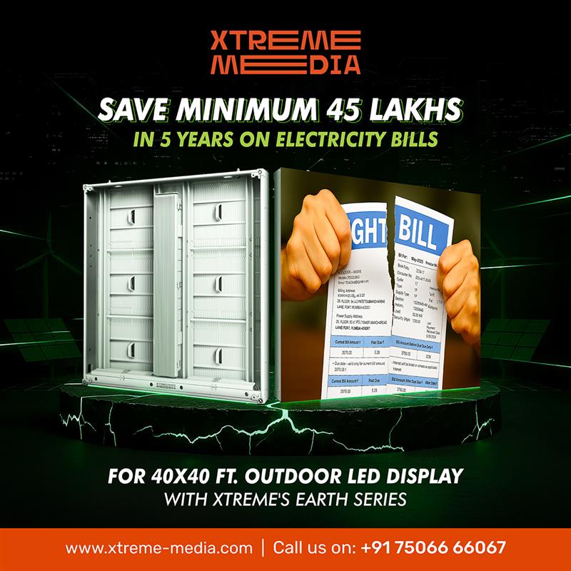 XtremeMediaIn's tweet image. Save ₹45 lakhs on electricity in 5 years with Xtreme’s Earth Series P6.67mm Outdoor LED. Powered by Common Cathode tech. A saving this big is unmissable! 
 #XtremeMedia #EarthSeries #EnergyEfficientLED #LEDSavings