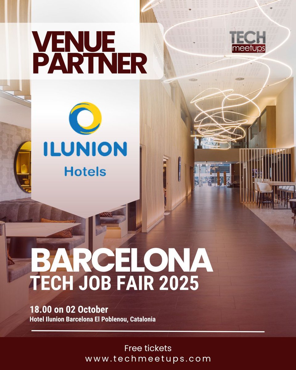 TechStartupJobs's tweet image. 📍 @Ilunionhotels Barcelona s the stage for this year’s Barcelona Tech Job Fair! Modern, spacious, and in the heart of the city’s tech district.
FREE TICKETS: buff.ly/G1K5vRe
See you at Hotel Ilunion Barcelona El Poblenou, Catalonia!
#BarcelonaTech #TechMeetups