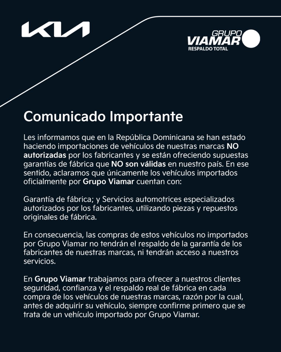 🚨 Comunicado Importante 🚨

Solo los vehículos importados oficialmente por Grupo Viamar cuentan con garantía de fábrica válida en RD, servicios especializados y repuestos originales.

👉 Antes de comprar, confirma que sea de Grupo Viamar.

#RespaldoTotal #GrupoViamar