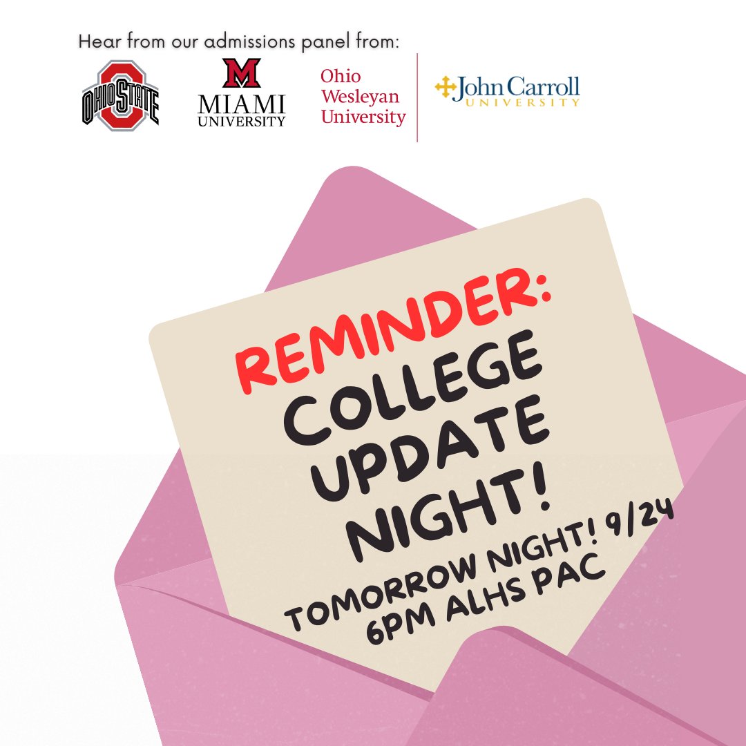 ALHSGuidance's tweet image. See you tomorrow night! 
This event is for juniors/seniors, as well as their parents/guardians, who want to learn more about the college application &amp;amp; admissions process.