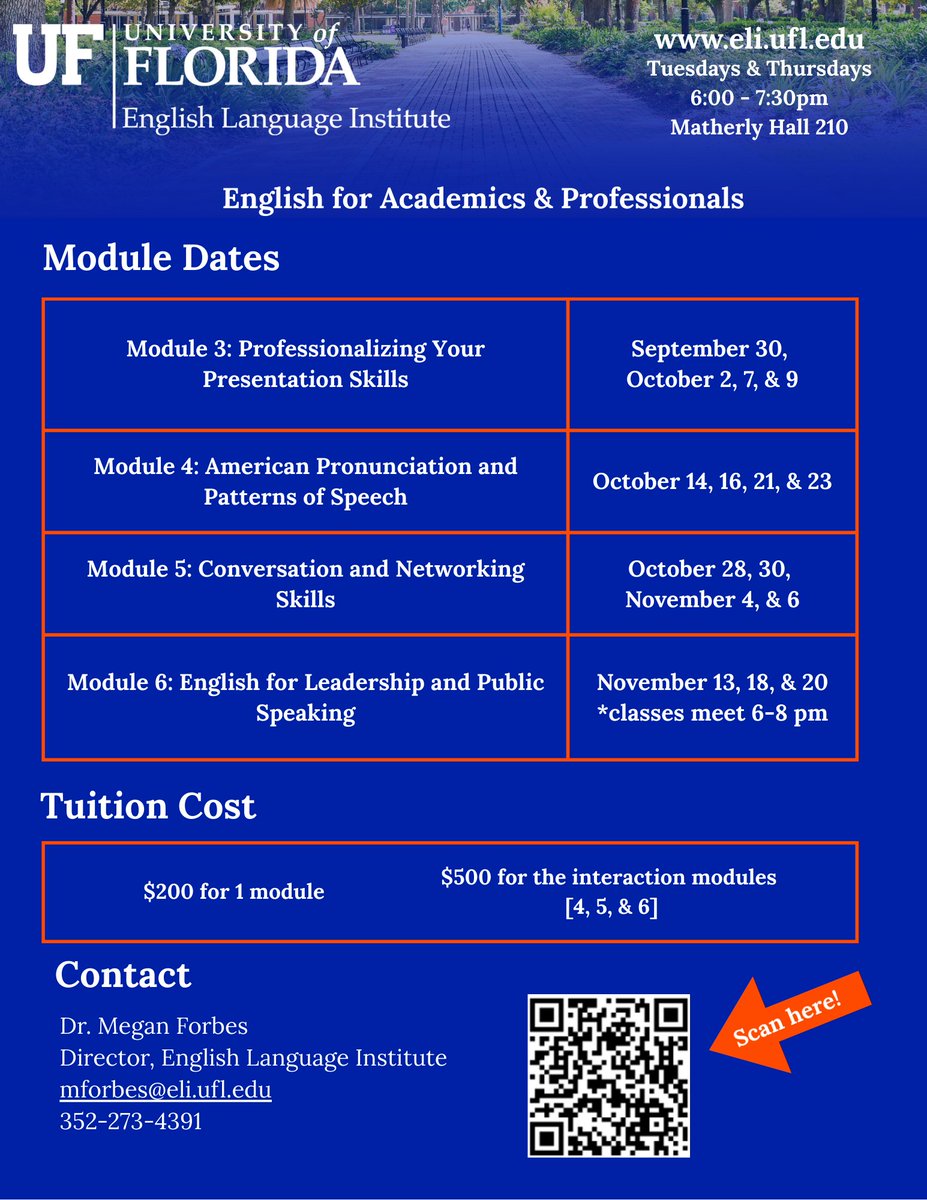 Are you interested in practicing presentations &amp; interactions in a supportive academic environment? You still have time to enroll in this part-time, evening course. #StudyEnglishFirst <a href="/UF/">FLORIDA</a> <a href="/UFatWork/">UF at Work</a> <a href="/ufogpd/">UF Office of Graduate Professional Development</a> <a href="/UF_GradSchool/">UF Graduate School</a> <a href="/GlobalGators/">University of Florida International Center</a> @ufgrads 
See eli.ufl.edu/english-for-ac…