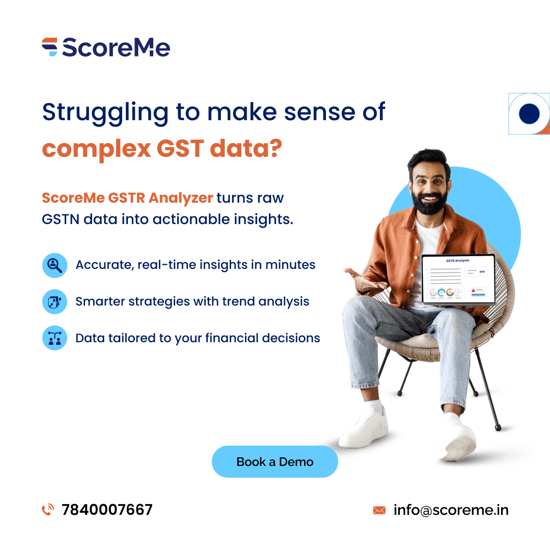 ScoremeSolution's tweet image. Struggling with GST data overload?
ScoreMe GSTR Analyzer transforms raw GSTN records into actionable insights: automated analysis and cross-period trends.
Smarter credit – sharper planning.
𝗕𝗼𝗼𝗸 𝗮 𝗱𝗲𝗺𝗼 today: scoreme.in/gstr-analyzer/
#digitallending #scoremesolutions