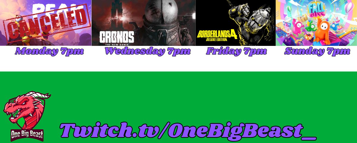 Hey everyone, I'm much better so here is your BEAST schedule for the week!

Wednesday: Starting #CronosNewDawn!

Friday: #Borderlands4 w/ <a href="/Gabbing_About/">JP | Gabs《GabbingAbout》</a> &amp; Dracosine

Sunday: #FallGuys w/ <a href="/nightbreedteam/">The Nightbreed Collective</a> 

All start times are 7pm BST!

Look forward to seeing you all there!