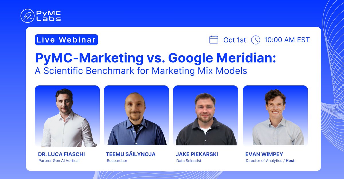 pymc_labs's tweet image. Last week we published the most comprehensive #PyMC-Marketing vs. #Meridian benchmark to date.
On Oct 1, join our 𝐥𝐢𝐯𝐞 𝐰𝐞𝐛𝐢𝐧𝐚𝐫 to go deeper into the findings & their impact on #MMM.
🗓️ Register: dub.link/yuP0beh
👉Check the Benchmark: dub.link/XleG1eA
