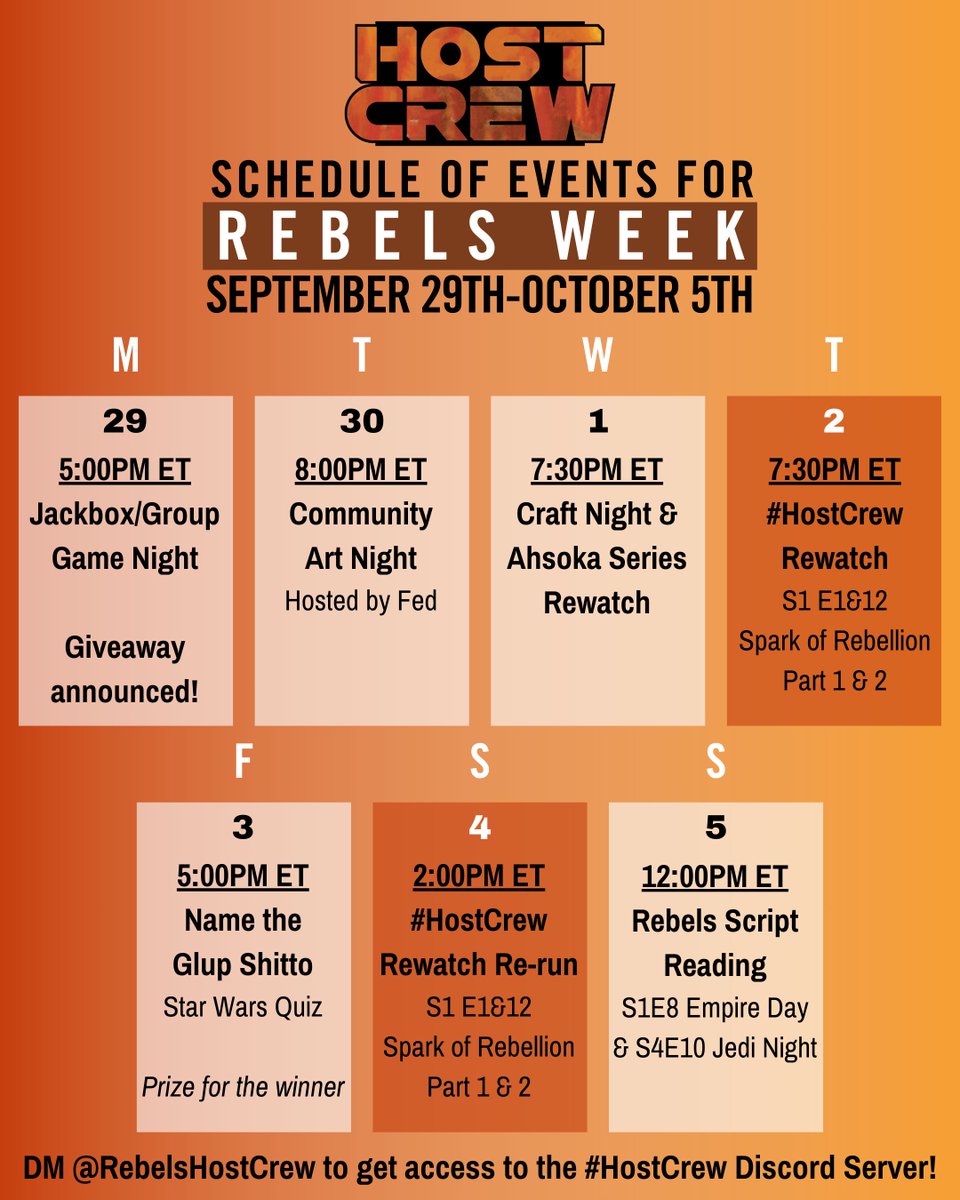 RebelsHostCrew's tweet photo. the rumors are true
REBELS WEEK IS NEXT WEEK!!! 📢

and you know what that means... 
our #HostCrew discord community rewatches begin again! 📺 

join us next week for a collection of fun star wars and rebels themed community events :) https://t.co/BP3d9vM3Ii