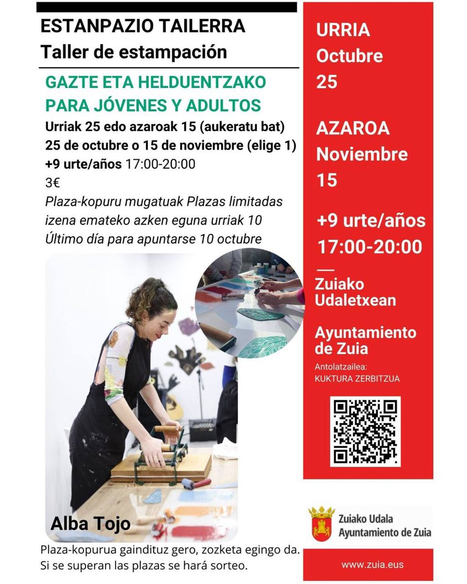 ZuiakoUdala's tweet image. 📣 Taller de Estampación – Personas jóvenes y Adultas
25 de octubre o 15 de noviembre, 17:00–20:00, en el Ayuntamiento de Zuia.
A partir de 9 años. Precio: 3 €.
Inscripciones hasta el 10 de octubre. 
Inscríbete: labur.eus/7ptmizup
