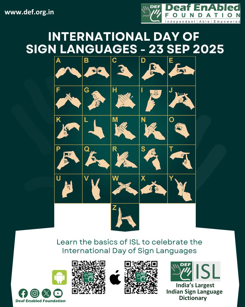 deafenabled's tweet image. 🌍🤟 Celebrating International Day of Sign Languages with the basics of Indian Sign Language (ISL)!
Let’s break barriers, promote inclusion, and empower communication for all.
#internationaldayofsignlangauge #signlanguage