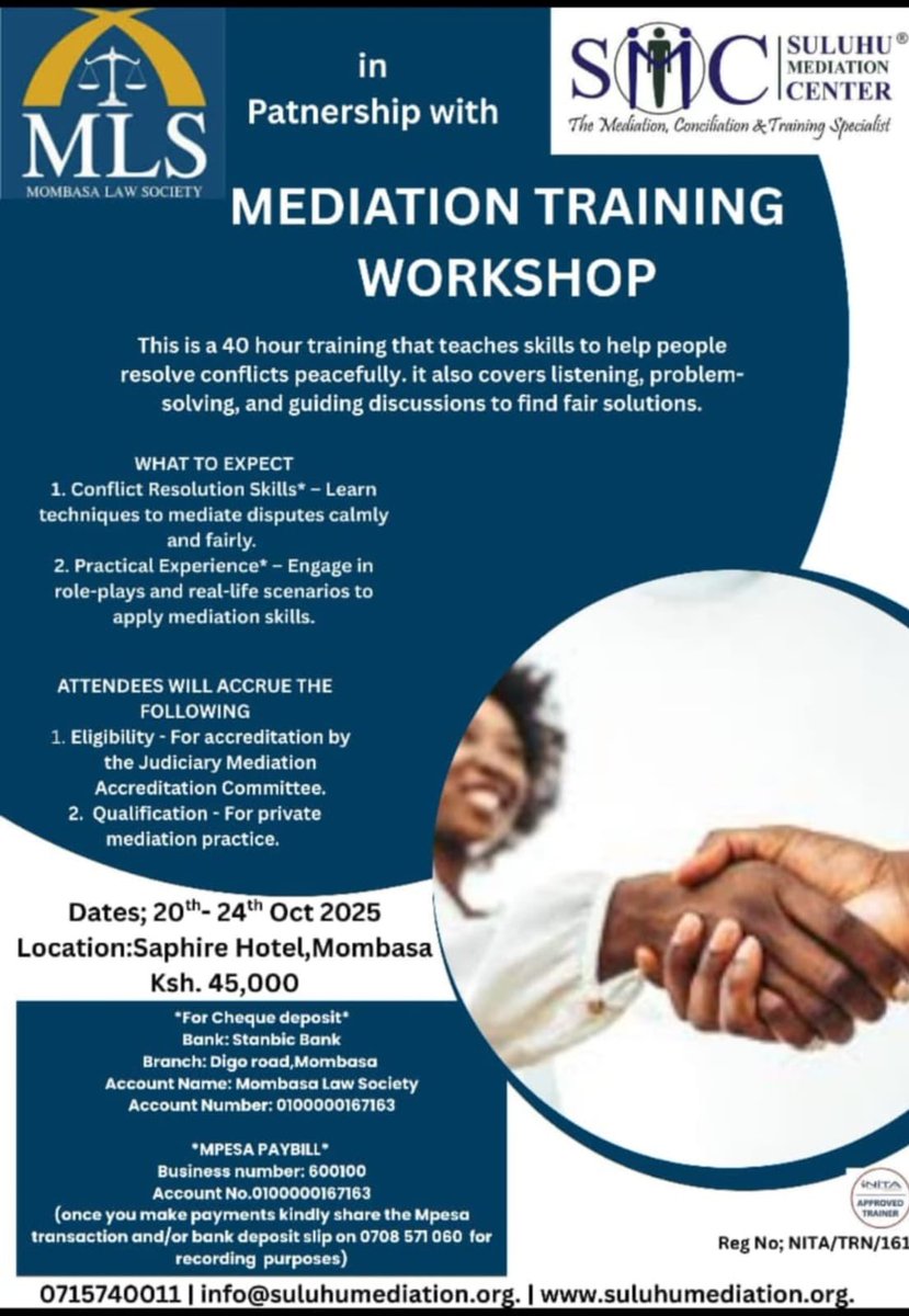 Enhance your legal and conflict resolution skills!
Join the Mediation Training Workshop (20th–24th Oct 2025, Sapphire Hotel, Mombasa)