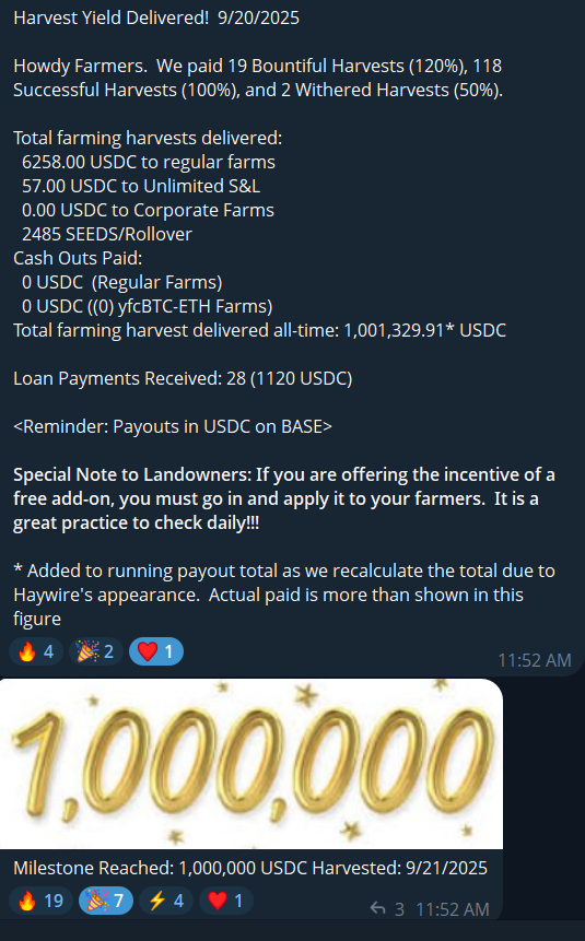 FarmersBounty's tweet photo. 1 MILLION UNITED STATES DOLLARS delivered as farming yield  💸💸🧑‍🌾👩‍🌾

Days to achieve the first million: 325

How long will it take to get to second..? 🤔

Thank you all for your continued support and trust.

Summer may be over but the farming season is just getting started!! https://t.co/PTt91WCffI