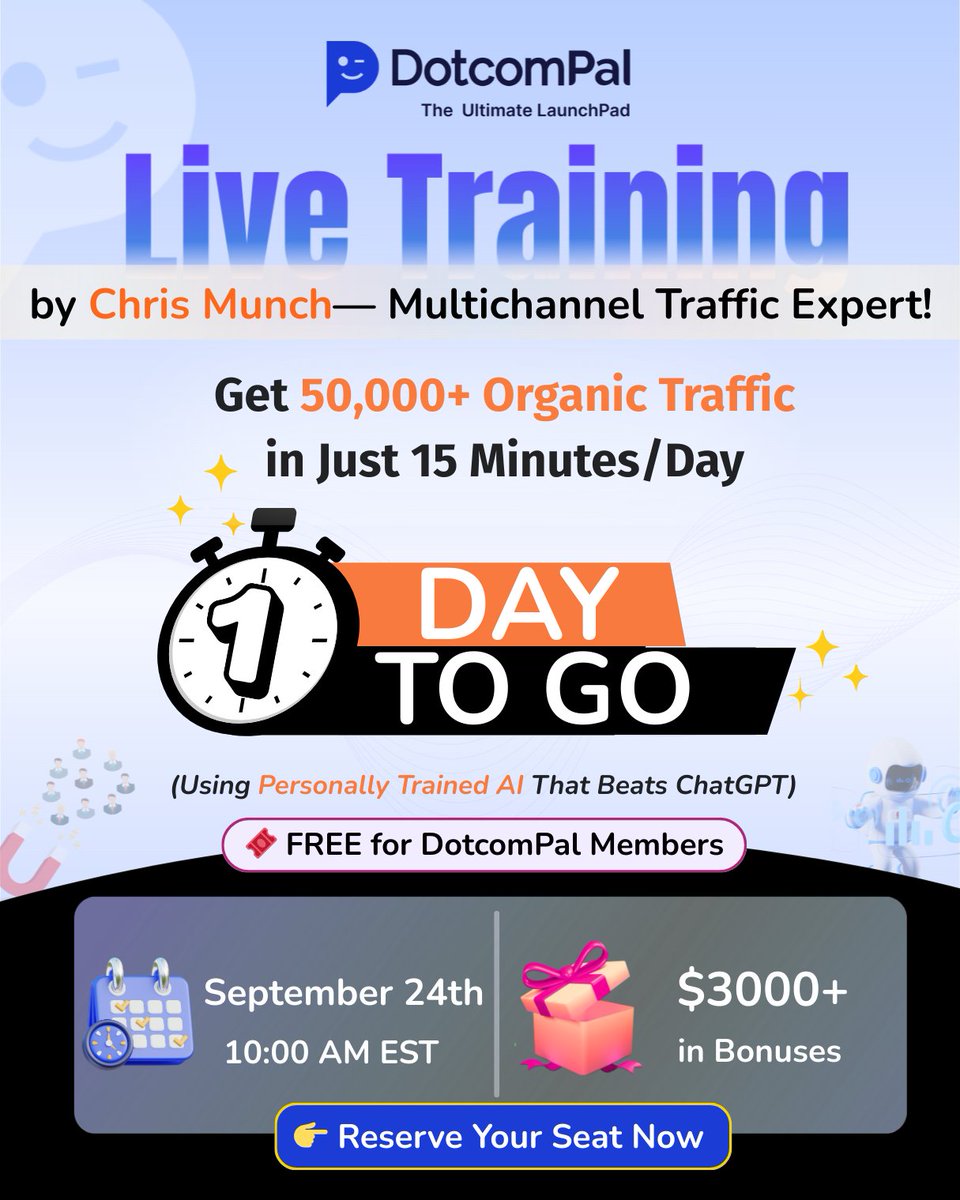 DotcomPal's tweet image. 🚨1 DAY LEFT!  Tomorrow, boost traffic with DotcomPal’s LIVE training!🎉
 #Ravens precision, #DETvsBAL strategy, and #WWERaw flair bring 50K visitors in 15 mins/day via Chris Munch’s AI.💹 $3K+ bonuses live! 
🎟️Reserve: register.gotowebinar.com/register/91010… #DotcomPal